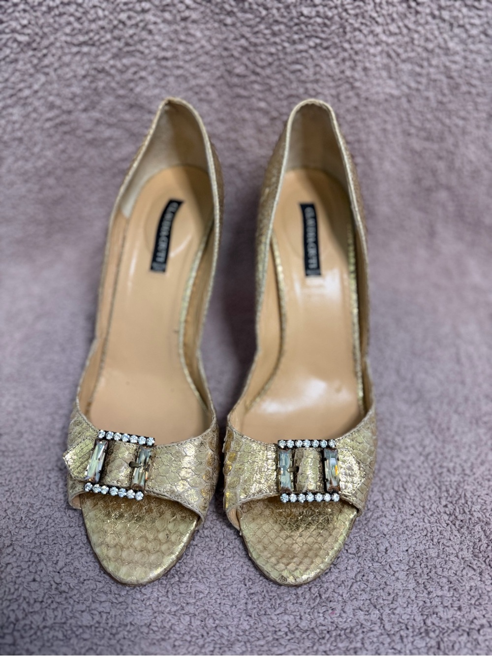Claudia Ciuti Gold Leather Crystal Buckle Peep Toe Heels Italy 9.5 M